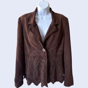 Y2K L Laser Cut Faux Suede Jacket Brown Boho Relaxed Fit